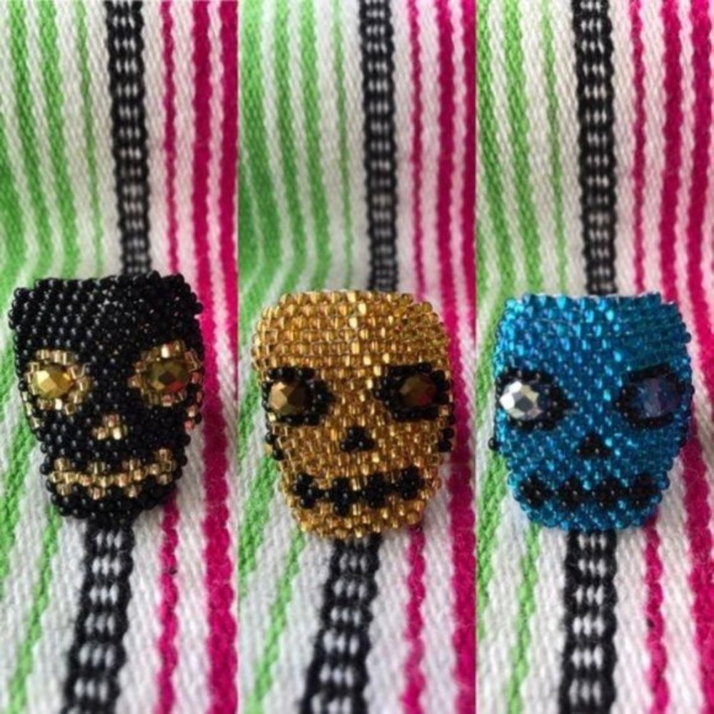 Skull Calavera Beaded Ring Dia De Los Muerte Skele